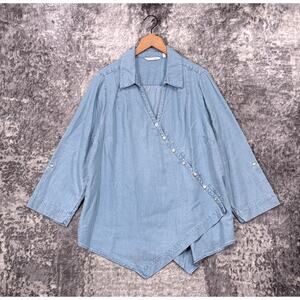 Soft Surroundings Top 1X Womens Blue Chambray Asymmetrical Button Tunic